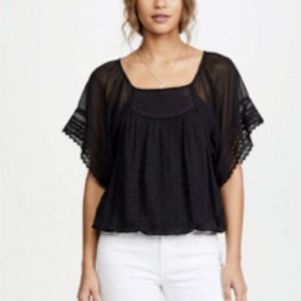Free People Black Sheer Embroidered Lacy Short Batwing Sleeve Top Size S